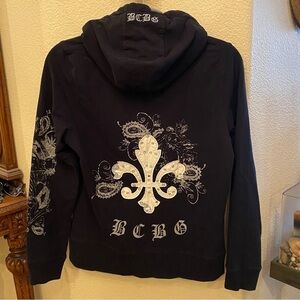 Vintage BCBG Women Black Y2K Graphic Zip Hoodie Jacket Size Large